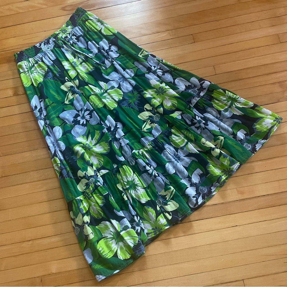 AERIE Floral Maxi Skirt Elastic Waist Blue Green Vacation Beach Coastal Resort